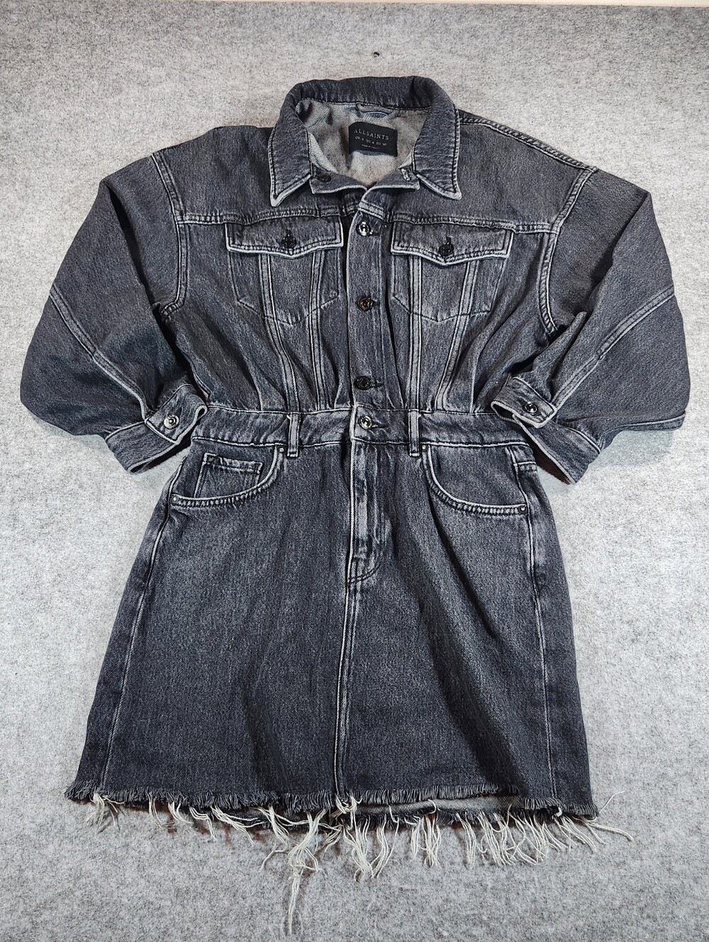 All Saints Washed Black Denim Dress with Frayed Hem Size 4